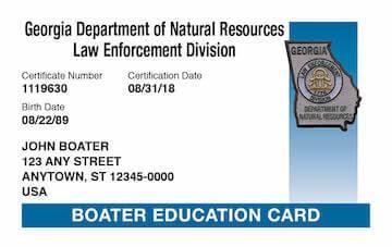 Georgia Department of Natural Resources Boater Education Card