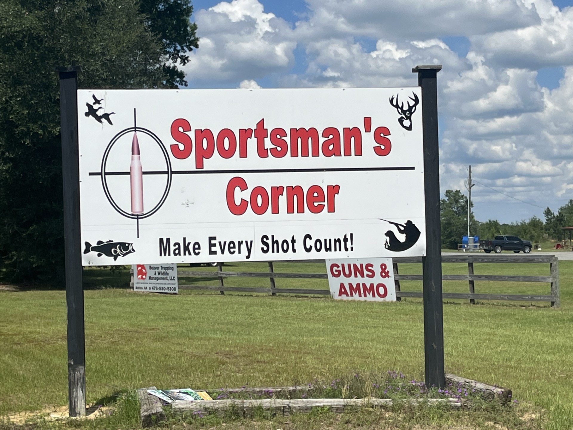 Sportsman's Corner road sign — Make Every Shot Count