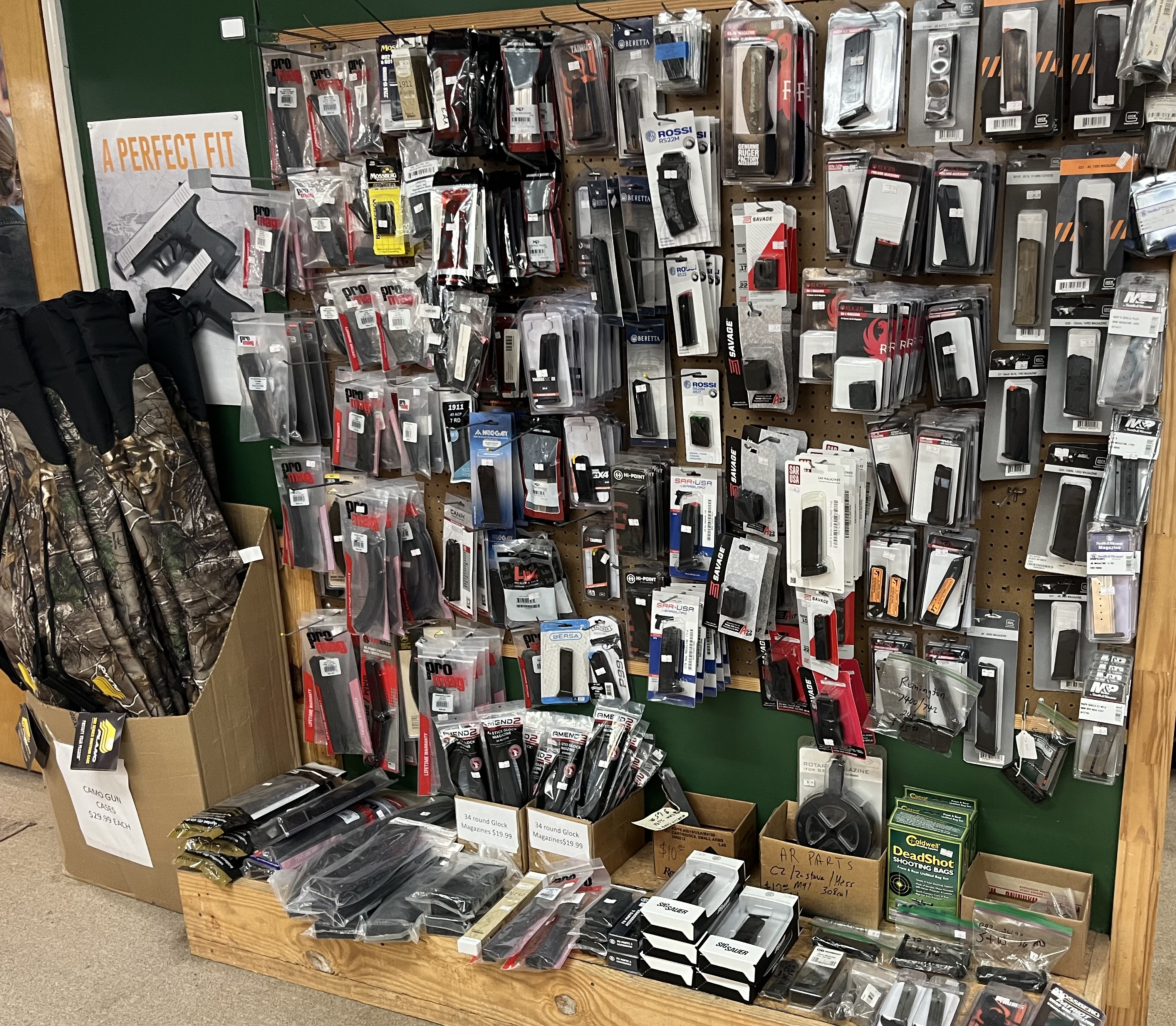 Magazines and gun parts display