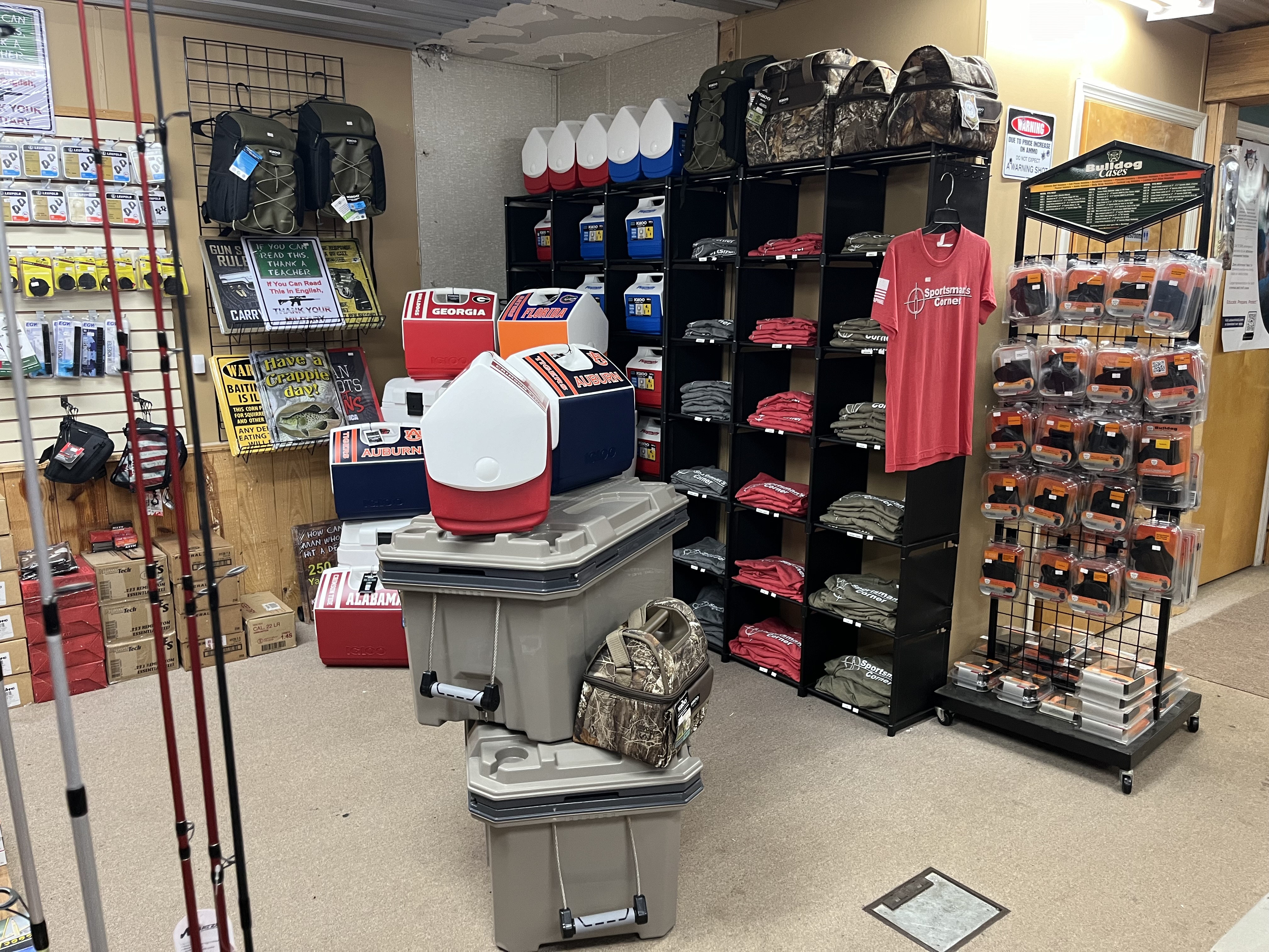 Store interior with coolers, apparel and fishing rods